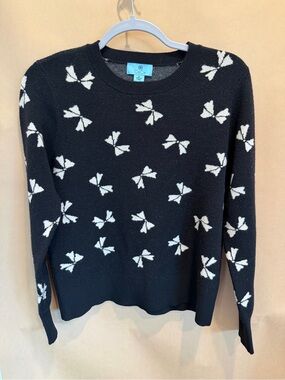 CeCe Black Crewneck Sweater with White Bow Motif